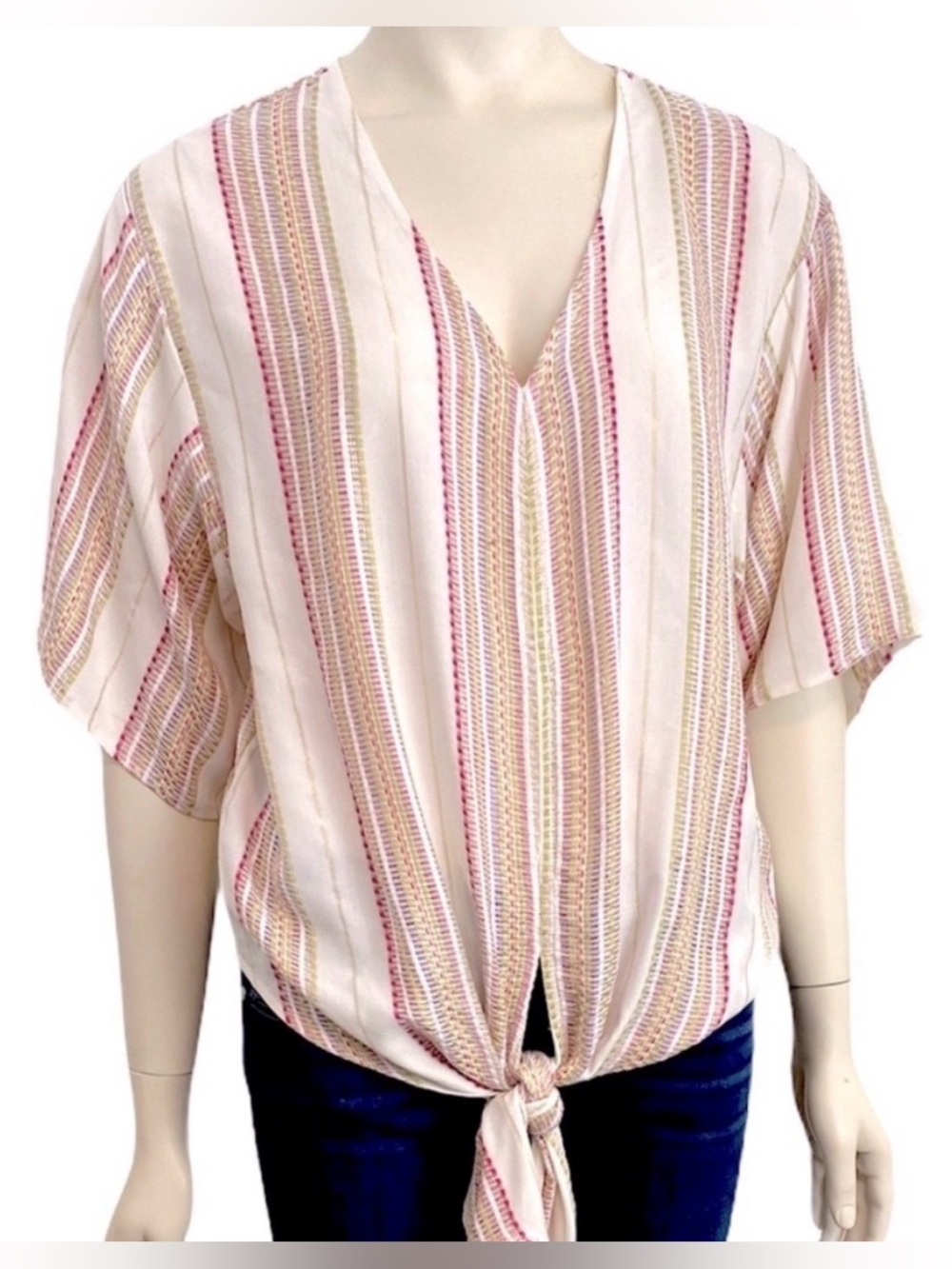 Lovestitch Medium Short Sleeve Top V Neck Tie Waist White Pink Gold Stripes